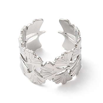 304 Stainless Steel Gingko Leaf Open Cuff Ring for Women, Stainless Steel Color, Inner Diameter: 18mm