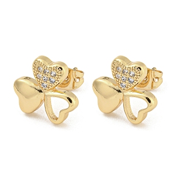 Brass Micro Pave Cubic Zirconia Ear Studs, Real 18K Gold Plated, Clover, 11.5x13mm