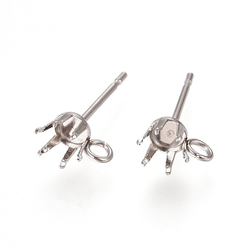 304 Stainless Steel Post Stud Earring Settings, Prong Earring Setting, with Loop, Stainless Steel Color, 15.2x7.2~7.5mm, Hole: 1.7mm, Pin: 0.7mm, Tray: 5mm