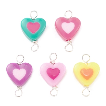 Opaque Resin Connector Charms, Heart Links with Copper Wire Loops, Mixed Color, Silver, 27x17x11mm, Hole: 3.5mm
