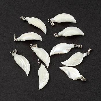 Natural Trochid Shell/Trochus Shell Pendants, Feather Charms, with Platinum Tone Iron Snap on Bails, Seashell Color, 27~29x10.5x5mm, Hole: 5x1.8mm