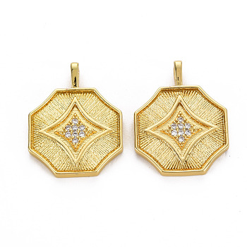 Brass Micro Pave Cubic Zirconia Pendants, Cadmium Free & Nickel Free & Lead Free, Octagon, Real 16K Gold Plated, 19x15x3.5mm, Hole: 1.6mm