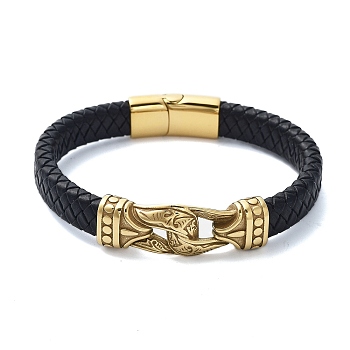 Men's Braided Black PU Leather Cord Bracelets, Knot 304 Stainless Steel Link Bracelets with Magnetic Clasps, Golden, 8-7/8x1/2 inch(22.5x1.3cm)