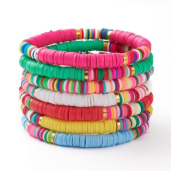 7Pcs Rainbow Polymer Clay Heishi Beads Stretch Bracelets Set, Stackable Bracelets, with Golden Plated Brass Beads, Mixed Color, Inner Diameter: 2-1/8 inch(5.5cm)