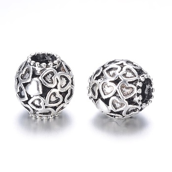 Alloy European Beads, Round, Large Hole Beads, Antique Silver, 12mm, Hole: 5mm