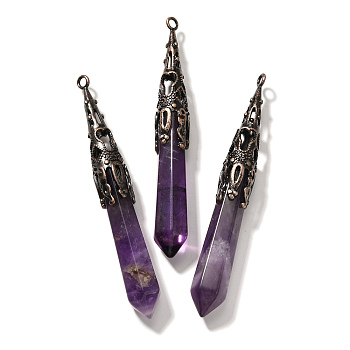 Natural Amethyst Pointed Big Pendants, Faceted Bullet Charms with Brass Findings, Red Copper, Cadmium Free & Lead Free, 77~84x12mm, Hole: 2.5mm