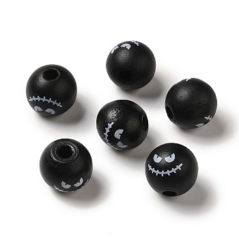 Printed Round Wood European Beads, Halloween Theme Large Hole Beads, Monster Face, Black, 16mm, Hole: 4mm