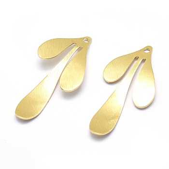 Brass Pendants, Cadmium Free & Nickel Free & Lead Free, Drawbench Style, Leaf, Real 18K Gold Plated, 35.5x17x1mm, Hole: 1mm