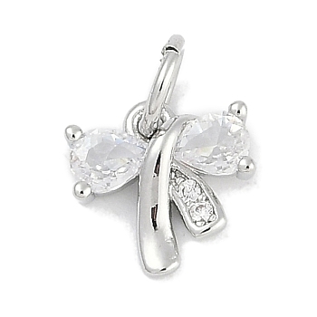 Rack Plating Brass Pendants, with Cubic Zirconia, Bowknot Charms, Long-Lasting Plated, Lead Free & Cadmium Free, with Jump Ring, Platinum, 8.5x9x2.5mm, Hole: 3mm