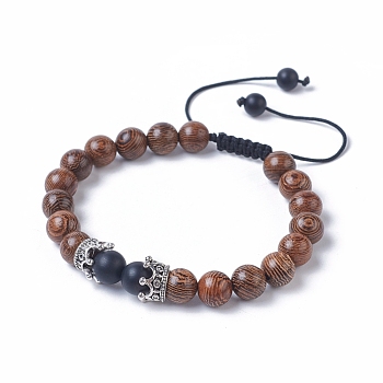 Adjustable Frosted Natural Black Agate(Dyed) Braided Bead Bracelets, with Dyed Wood Beads, Nylon Thread and Antique Silver Plated Alloy Crown Beads, 2 inch~3-3/8 inch(5~8.5cm)