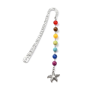 Marine Theme Alloy Hook Bookmarks, Mixed Chakra Gemstone Round Beaded Pendant Bookmark, Starfish, 144x21mm