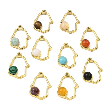 Natural & Synthetic Mixed Gemstone Pendants, Ion Plating(IP) 316 Stainless Steel Hamsa Hand Charms, Real 24K Gold Plated, 21x15x5mm, Hole: 1.2mm