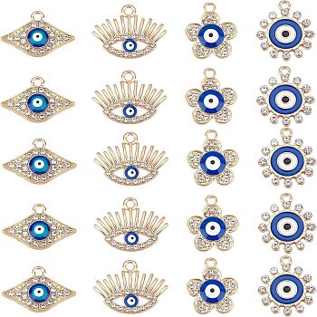 40Pcs 4 Style Alloy Enamel Pendants, with Crystal Rhinestone, Light Gold, Cadmium Free & Lead Free, Evil Eye, Light Gold, Blue, 14.5~19x15~21.5x2~3mm, hole: 1.6~2mm, 10pcs/style