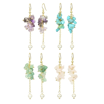 4Pairs 4 Styles Natural & Synthetic Mixed Gemstone Chips & Shell Pearl Dangle Earrings, Cluster Earrings, 68~69.5mm, 1 Pair/style