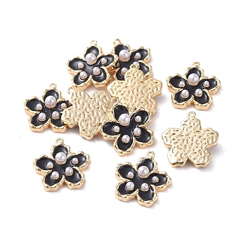 Enamel Pendants, with Brass Findings and Acrylic Pearl, Real 18K Gold Plated, Flower, Black, 16.5x15x4mm, Hole: 1mm