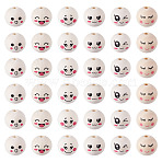 48Pcs 6 Styles Printed Wood Beads, Round with Smiling Face, Undyed, Blanched Almond, 19~20x17~18mm, Hole: 2~5mm, 8pcs/style(WOOD-TA0002-59)