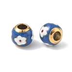 304 Stainless Steel Enamel European Beads, Ion Plating(IP), Golden, Round with Flower Pattern, Royal Blue, 10x9mm, Hole: 4mm(STAS-G393-02G-01)