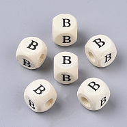 Printed Natural Wood Beads, Horizontal Hole, Cube with Initial Letter, PapayaWhip, Letter.B, 10x10x10mm, Hole: 3.5mm, about 1000pcs/500g(WOOD-T026-001B)