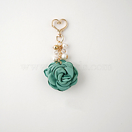 Satin Rose Pendant Decorations, with Heart Lobster Claw Clasps, Sea Green, 105mm(KEYC-PW0009-07D)