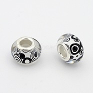 Circle Pattern Resin European Beads, Large Hole Rondelle Beads, with Silver Tone Brass Cores, White, 14x9mm, Hole: 5mm(RPDL-J019-07)