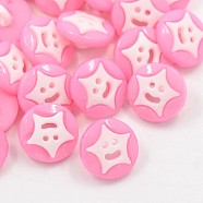 Acrylic Shank Buttons for Clothes Design, Plastic Sewing Buttons, 1-Hole, Dyed, Flat Round with Smile Star, Pink, 14x3mm, Hole: 3x2mm(X-BUTT-E077-03)