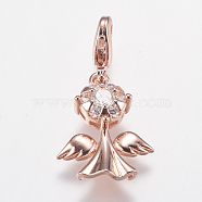 Brass Micro Pave Clear Cubic Zirconia Pendants, Cadmium Free & Nickel Free & Lead Free, Angel, Real Rose Gold Plated, 26mm(ZIRC-J040-02RG-NR)
