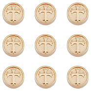 Brass Beads, Flat Round with Cross, Cadmium Free & Nickel Free & Lead Free, Real 18K Gold Plated, 10x4.5mm, Hole: 1.4mm, 10pcs/box(KK-HY0001-35)