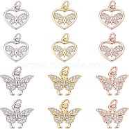 12Pcs 2 Style Brass Micro Pave Cubic Zirconia Pendants, with Jump Rings, Long-Lasting Plated, Butterfly, Mixed Color, 6pcs/style(KK-FH0002-82)