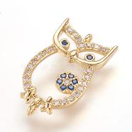 Brass Micro Pave Cubic Zirconia Links, Owl, Real 18K Gold Plated, 20x11x2mm, Hole: 1mm(ZIRC-G107-23G)
