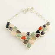 Gemstone Bib Statement Necklaces with Alloy Cabochon Settings and Silver Color Plated Brass Chains , Mixed Stone, 19.8 inch.(NJEW-R224-07B-B)