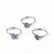 Natural Amethyst Chips Finger Ring, Platinum Brass Wire Wrap Jewelry for Women, Inner Diameter: 18mm(RJEW-L082-03P-05)