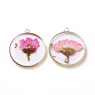 Transparent Clear Epoxy Resin Pendants, with Edge Golden Plated Brass Loops and Gold Foil, Flat Round Charms with Inner Flower, Hot Pink, 33.8x30x4mm, Hole: 2.5mm(X-RESI-L036-12G-11)