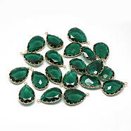 Glass Pendants, with Golden Tone Brass Findings, Faceted, teardrop, Dark Green, 30x18.5x7.5mm, Hole: 2mm(GLAA-Q068-18A-08)