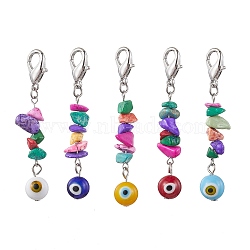 Handmade Evil Eye Lampwork Pendant Decorations, with Synthetic Turquoise Chip Beads and Zinc Alloy Lobster Claw Clasps, Mixed Color, 61mm(HJEW-JM01717)