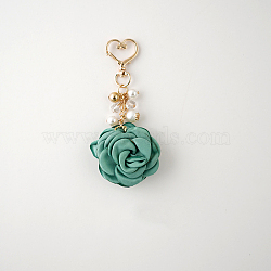 Satin Rose Pendant Decorations, with Heart Lobster Claw Clasps, Sea Green, 105mm(KEYC-PW0009-07D)