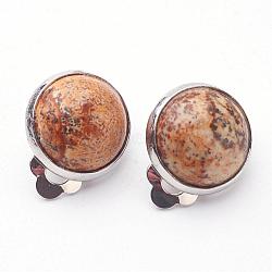 Natural Picture Jasper Brass Clip-on Earrings, Flat Round, Bisque, 14x10mm(EJEW-A051-B004)