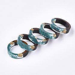 Epoxy Resin & Ebony Wood  Rings, with Dried Flower, Gold Foil, Dark Cyan, 16mm(RJEW-S043-02A-04)