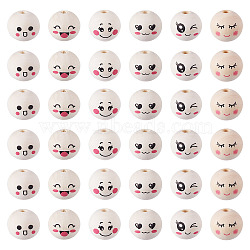 48Pcs 6 Styles Printed Wood Beads, Round with Smiling Face, Undyed, Blanched Almond, 19~20x17~18mm, Hole: 2~5mm, 8pcs/style(WOOD-TA0002-59)