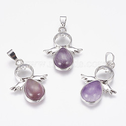 Natural Amethyst Pendants, Angel, with Brass Finding, Platinum, 34x25.5x4.5~6.5mm, Hole: 4~5x7mm(X-G-G651-A11)