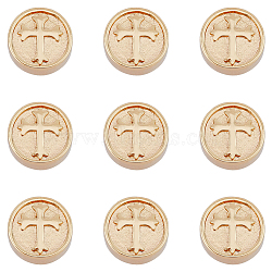 Brass Beads, Flat Round with Cross, Cadmium Free & Nickel Free & Lead Free, Real 18K Gold Plated, 10x4.5mm, Hole: 1.4mm, 10pcs/box(KK-HY0001-35)