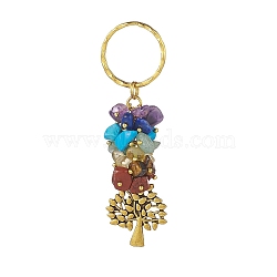 Chakra Natural Gemstone Chip Pendant Keychain, with Iron Findings and Alloy Pendants, Tree of Life Pattern, 8.5cm, Pendant: 28x23.5x1.5mm(KEYC-JKC00414-01)