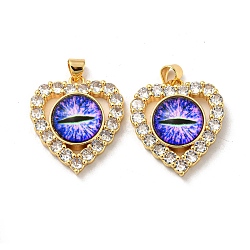 Real 18K Gold Plated Brass Pendants, with Glass and Acrylic, Heart with Evil Eye Charms, Purple, 26x22.5x7mm, Hole: 4.5x3.5mm(KK-L209-005G-01)