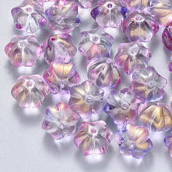 Two Tone Transparent Spray Painted Glass Beads, with Glitter Powder, Flower, Lilac, 10.5x9.5x8mm, Hole: 1mm(GLAA-S190-005B-02)