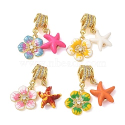 Brass Micro Pave Clear Cubic Zirconia Pendants, Flower & Starfish Charms, with Enamel & Resin, Cadmium Free & Lead Free, Long-Lasting Plated, Rack Plating, Mixed Color, 29mm, Hole: 3mm and 4mm(KK-CBA74BF-14G)