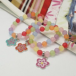 Charm Bracelets, Fashion Frosted Transparent Acrylic Bracelets for Kids, with Enameled Alloy Charms and Elastic Thread, Mixed Color, 45mm(BJEW-JB00627-07)