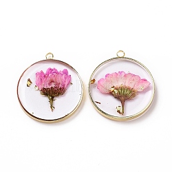 Transparent Clear Epoxy Resin Pendants, with Edge Golden Plated Brass Loops and Gold Foil, Flat Round Charms with Inner Flower, Hot Pink, 33.8x30x4mm, Hole: 2.5mm(X-RESI-L036-12G-11)