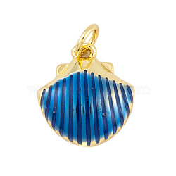 Rack Plating Brass Enamel Pendants, Cadmium Free & Lead Free, Long-Lasting Plated, Real 18K Gold Plated, Shell Shape, Dark Blue, 14x13x4mm, Hole: 3mm(KK-P269-09G-02)