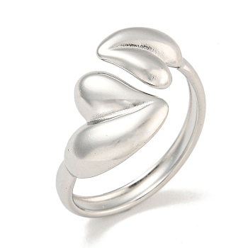 Non-Tarnish 304 Stainless Steel Heart Open Cuff Ring for Women, Stainless Steel Color, Inner Diameter: 16mm