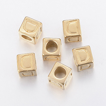 304 Stainless Steel Large Hole Letter European Beads, Horizontal Hole, Cube with Letter.D, Golden, 8x8x8mm, Hole: 5mm