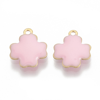 Brass Charms, Enamelled Sequins, Raw(Unplated), Cross, Pink, 12x10x2mm, Hole: 1mm